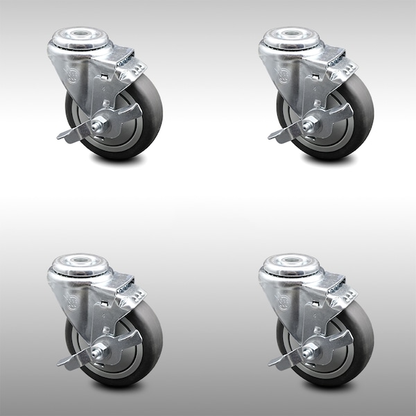 4 Inch SS Thermoplastic Rubber Wheel Swivel Bolt Hole Caster Set with Brake SCC